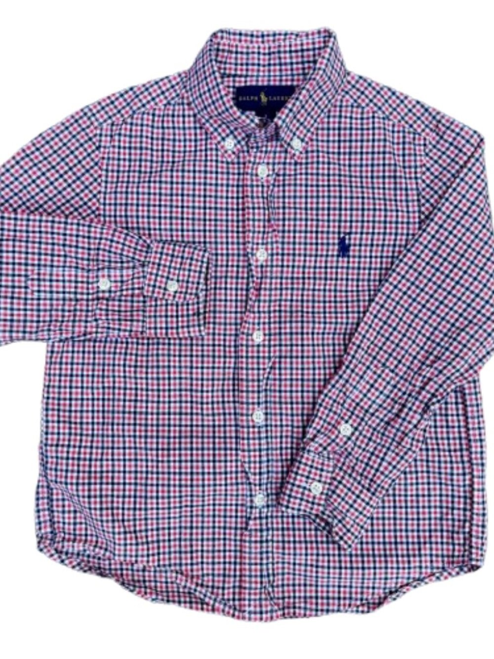 Ralph Lauren Button Down Shirt Boys Size 5 Red Navy Gingham Check Long Sleeve